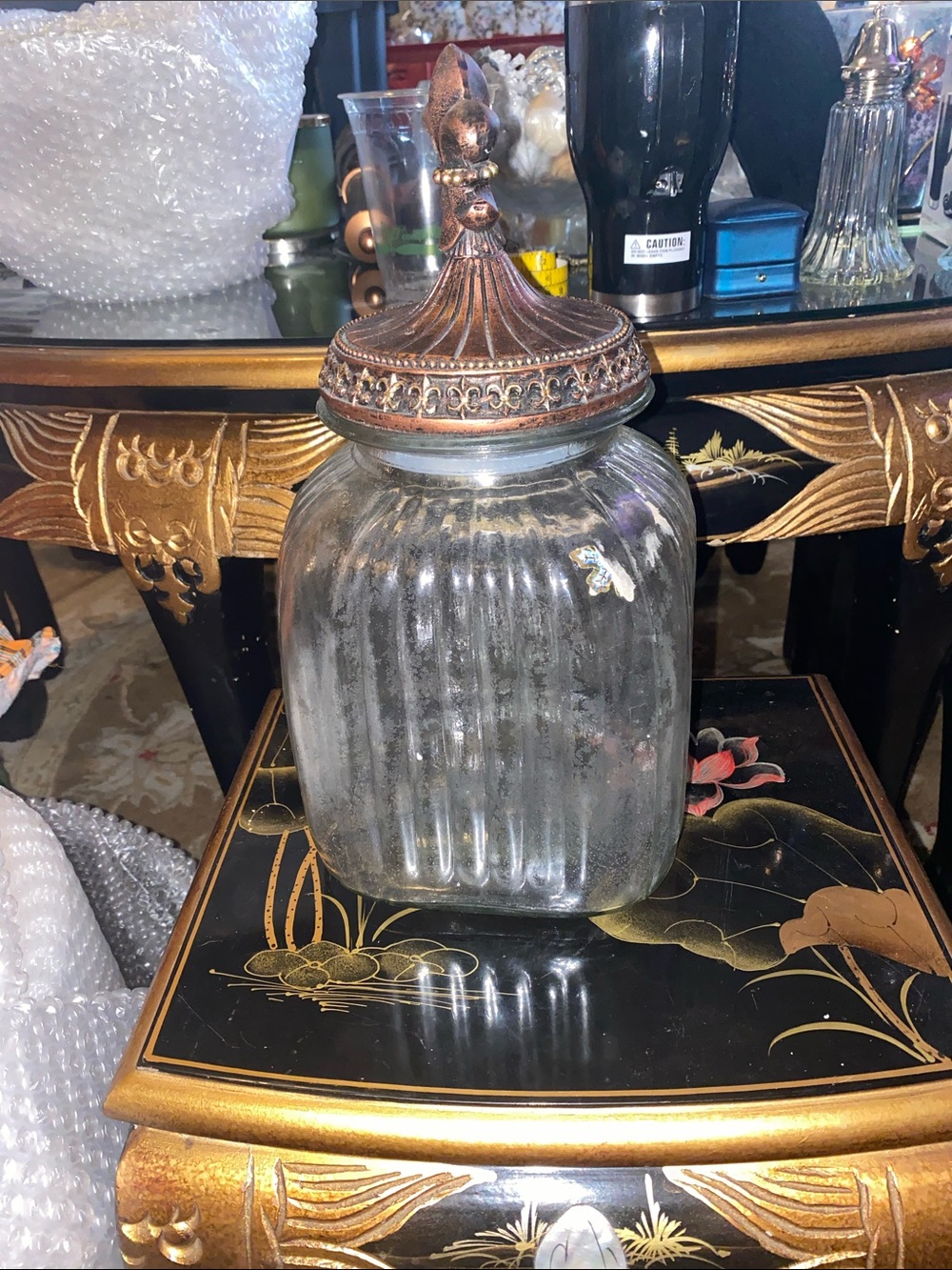 Vintage 14” Decorative Clear Glass Jar with Antique Bronze Lid - Home Accents